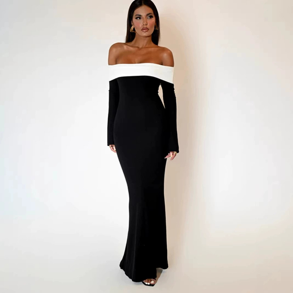 Zara Color Block Layered Off Shoulder Long Sleeve Bodycon Mermaid Dress